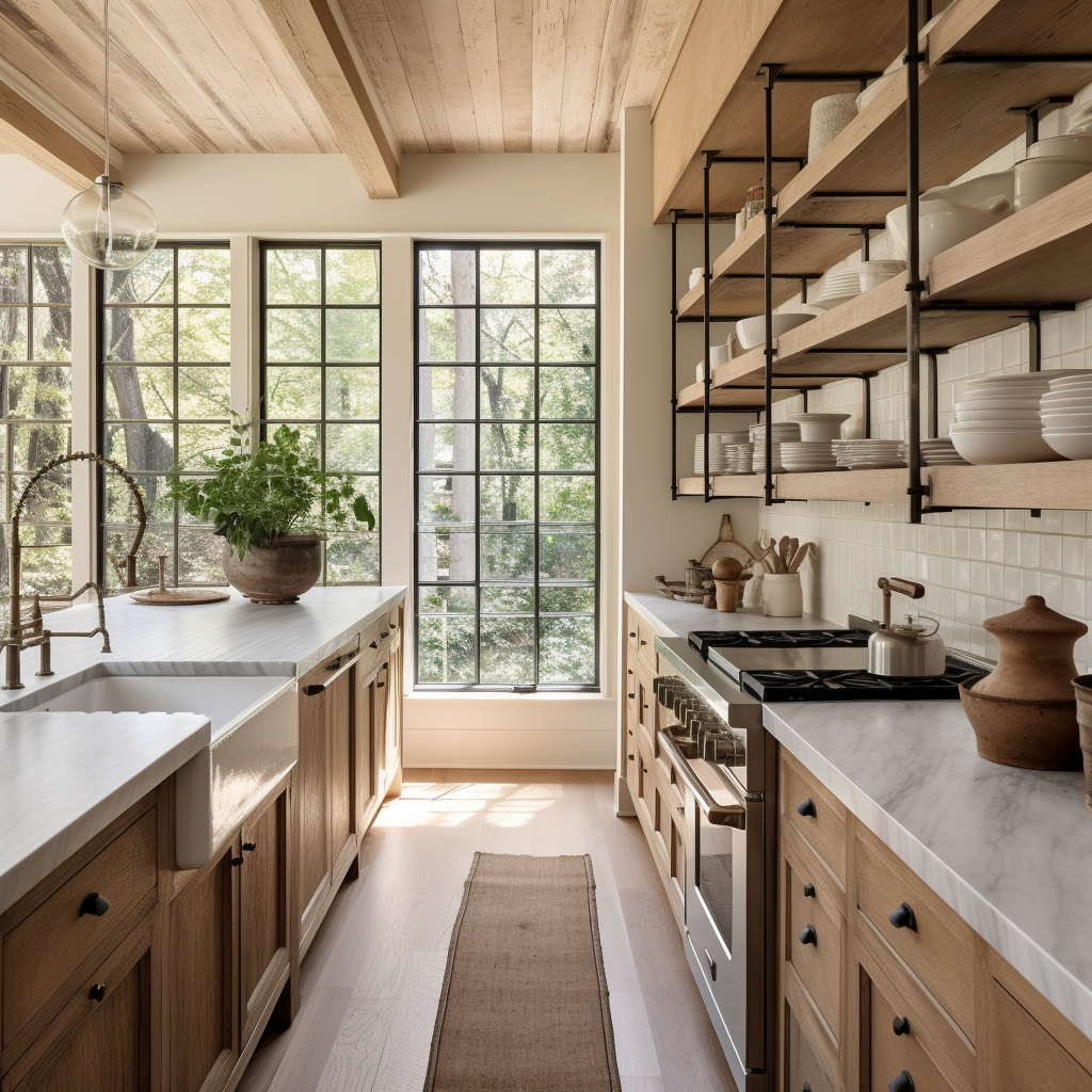 Floating White Oak Shelves in Galley Kitchen